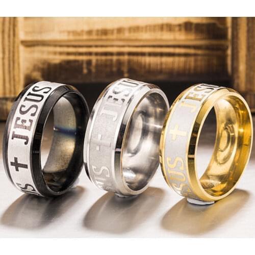 High Quality Large Size 8mm Titanium Steel Gold Color Jesus Cross Letter Bible Wedding Band Ring Men Women Wedding Jewelry