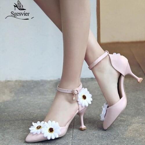 SGESVIER Women Sandals 2020 Sweet Flowers Pointed Toe Thin Heels Woman Shoes White Pink Female Sandals Plus Size 32-46 B70