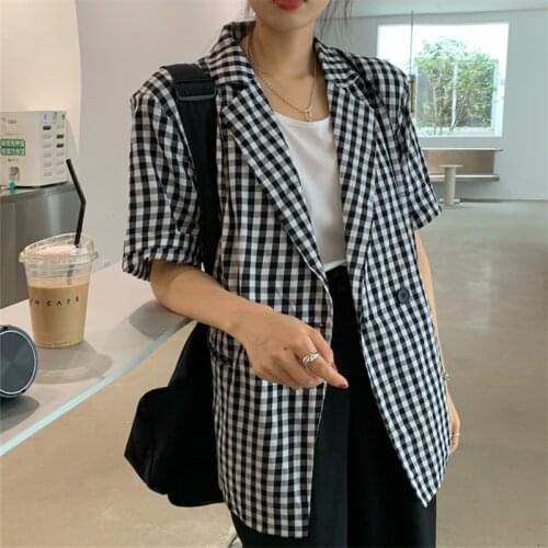 2021 Summer Fashion New Style Loose Large Size Short Sleeve Korean Casual Retro Temperament Plaid Suit Ladies Top Trendy H155