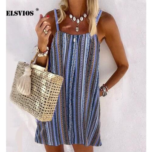 Striped Print Sexy Sling Loose Dresses Womens Square Collar Sleeveless Summer Street Casual Mini Short Beach Princess Sundress