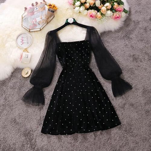 2020 Autumn Winter New Female Chic Square Collar Bronzing Puff Sleeve Velvet With Mesh A-Line Dresses Womens Elegant Dress