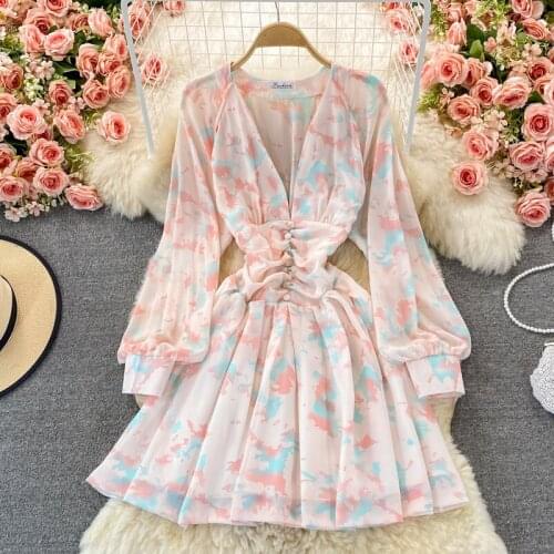 Sexy Deep V-neck Long Sleeve Women Dress 2021 Autumn Fashion Slim High Waist A-line Casual Party Holiday Chiffon Dress Vestidos