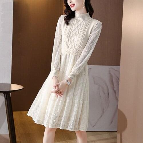 White Knitting Cotton Patchwork Lace Midi Dress Spring Autum Korean Black Sweater Dress 2021 Women Bodycon Elegant Solid Vestido