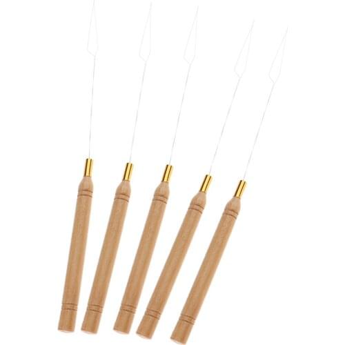 5 Pieces Wooden Handle Hair Extensions Loop Needle Threader Pulling Hair Care Styling Tools