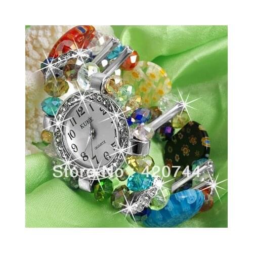 2PCS Crystal Murano Glass Beads Bracelet Bangle+ Round Watch CHIC