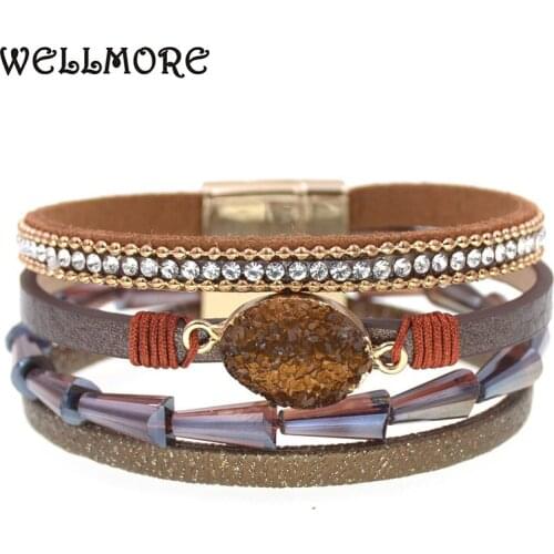WELLMORE charm leather bracelets for women 2020 Fashion stone crystal Boho Multilayer Wide Wrap Bracelet Female Jewelry
