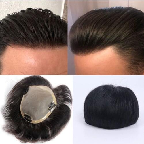 BYMC Fine Mono Top Full Lace with PU Skin around Mens Wigs Remy Hair Replacement System Lace Front Toupee Human Hair Toupee