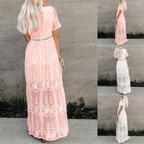 Stitching Lace Crochet Embroidery Long Ladies Dress Elegant Sweet Holiday Beach Dress Short Sleeve Solid Color Chic