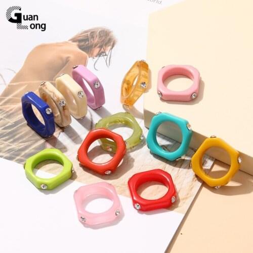 GuanLong Geometric Colorful Beautiful Finger Ring for Teen Girls Resin Minimalist Rhinestone Rings for Women Engagement Ring
