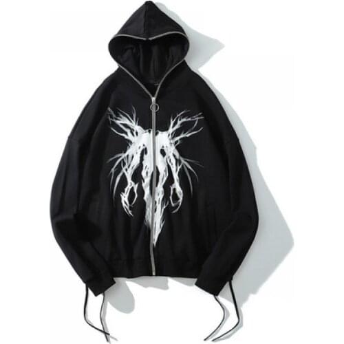Hoodies Women Punk Graphic Print Zipper Ribbon Hooded Men Casual Black Cool Oversize Coat Fashion Sweatshirt Streetwear Autumn