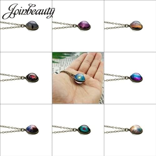 JOINBEAUTY Solar System Universe Galaxy Pattern Necklace Double Sided Glass Cabochon Dome Pendant Party Jewelry Accessories D860