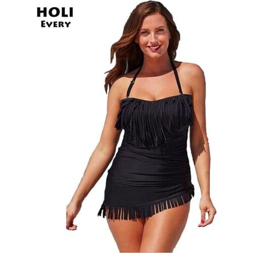 Swimsuit Dress For Women Swimwear Tankini Set Big Large Plus Size Female Swim Bathing Suit Bandeau Tassel Beach Bather Wear Lady