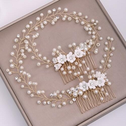 Trendy Handmade Pearl Wedding Golden Flower hair comb Headdress Bride Hair Accessories Lady hair comb Princess Tiara jewelry