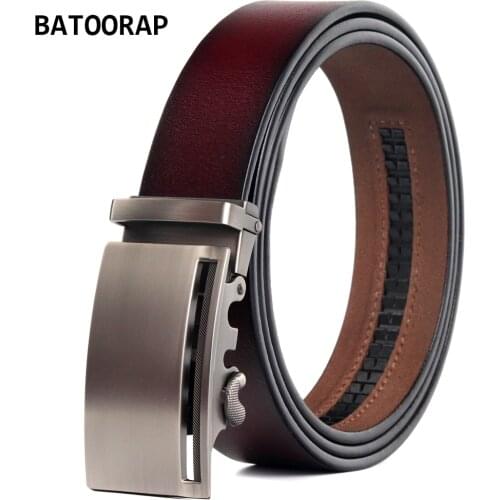 BATOORAP Ratchet Belts For Men Luxury Designer Brand Metal Buckle Click Red Mens Trouser Belt Genuine Leather Vintage Strap