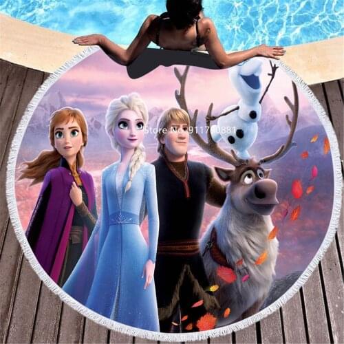 Disney Frozen Princess Elsa Beautiful Cartoon Print Soft Tassel Round Bath Towel Beach Towel Adults and Children 150x150cm