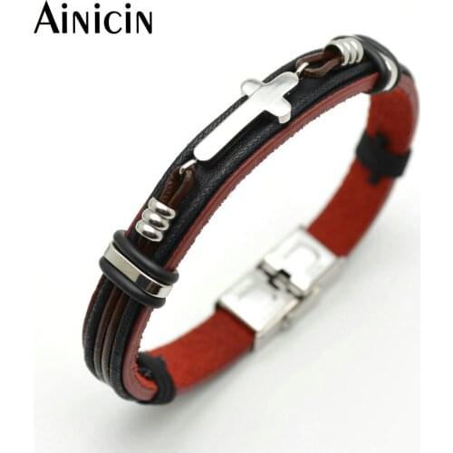 New Design Genuine Leather Red Color Rope Wrist With Stainless Steel Cross Charms Bracelets Fashion Men Jewelry Christmas Gift