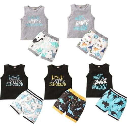 0-3Y Summer Casual Infant Baby Boys Clothes Sets Cartoon Dinosaur Print Sleeveless Vest Tops Shorts Outfits