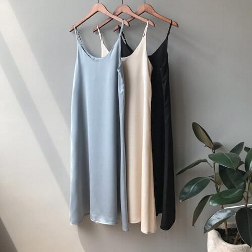 2021 Spring Summer Woman Tank Dress Casual Satin Sexy Camisole Elastic Female Home Beach Dresses V-neck Camis Sexy Dress