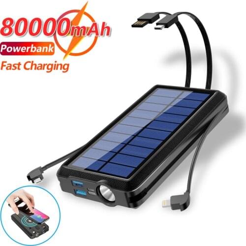 Qi Wireless Charging 80000mAh Solar Panel Travel Portable Power Bank LED Built-in Charging Cable External Fast Charging Battery