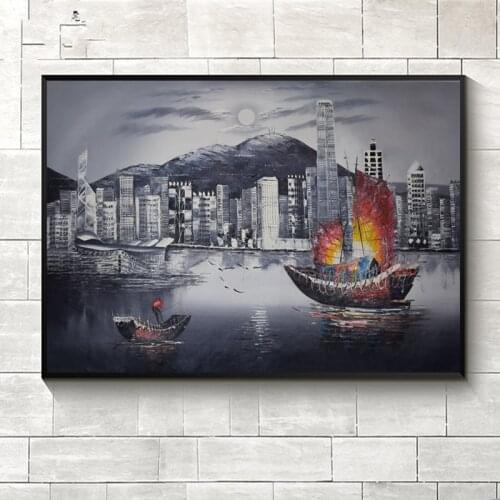 Hand painted modern abstract Black and white Hongkong Victoria scenery oil painting on canvas Decor wall art picture for home