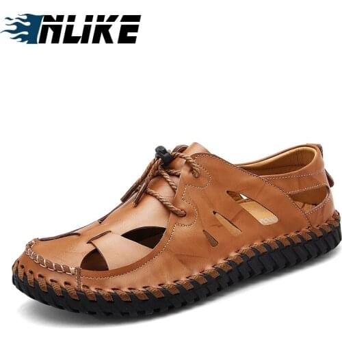 Inlike Summer Men Sandals Genuine Leather Beach Slippers Shoes Brand Leather Slippers For Men Sandal