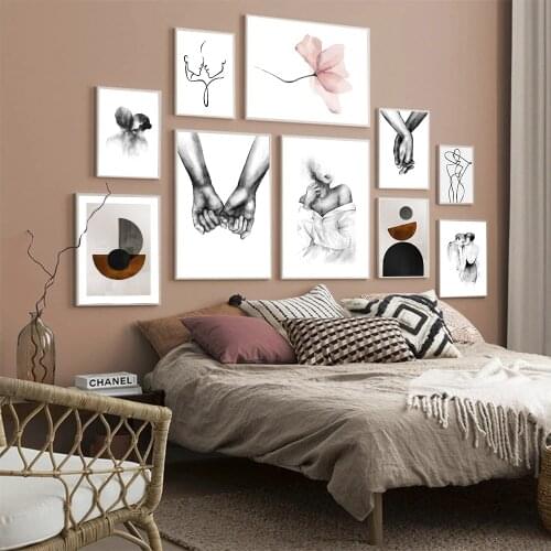Nordic Black White Abstract Posters Print Romantic Hand In Hand Canvas Painting Lovers Kiss Wall Art Pictures Living Room Decor