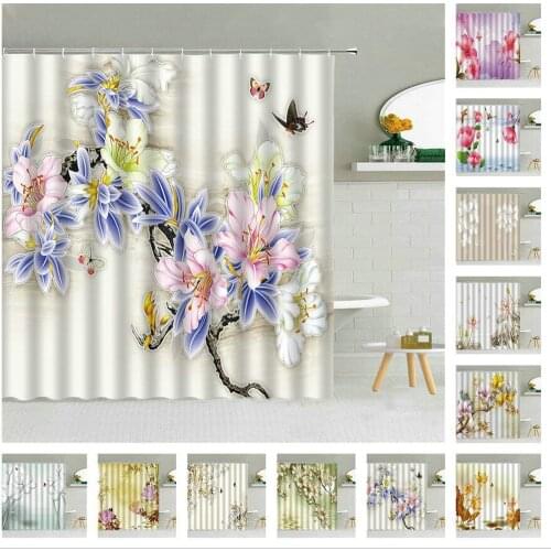 Chinese Floral Print Shower Curtain Peony Lotus Flower Butterfly Dragonfly Bathroom Curtain Beautiful Spring Scenery Home Decor