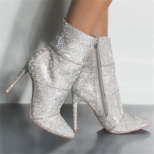 Ladies Pointed Toe Bling Bling Rhinestone Ankle Boots Stiletto Heel Short Boots Silver Crystal High Heel Booties Wedding Heels