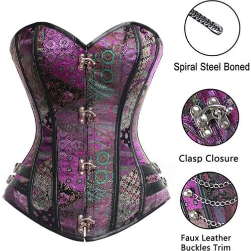 Womens Steampunk Boned Lace up Overbust Corset Vintage Brocade Steel Boned Waist Training Corset Top Gothic Corsets Bustiers