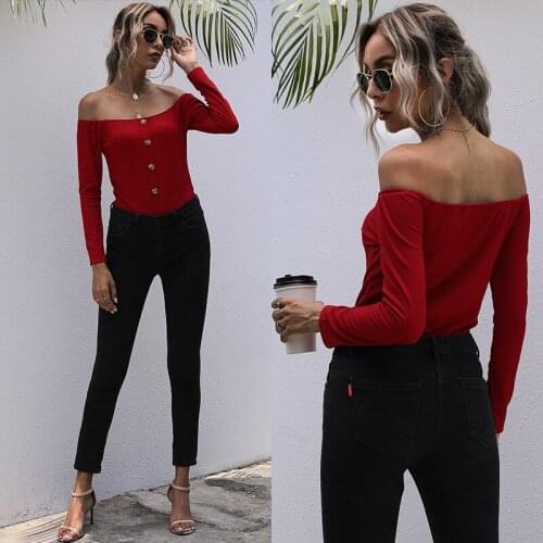 2021 Spring Women Jumpsuits Street Style Casual Skinny Chiffon Solid One Piece Jumpsuit Slash Neck Off Shoulder Long Sleeve Tops