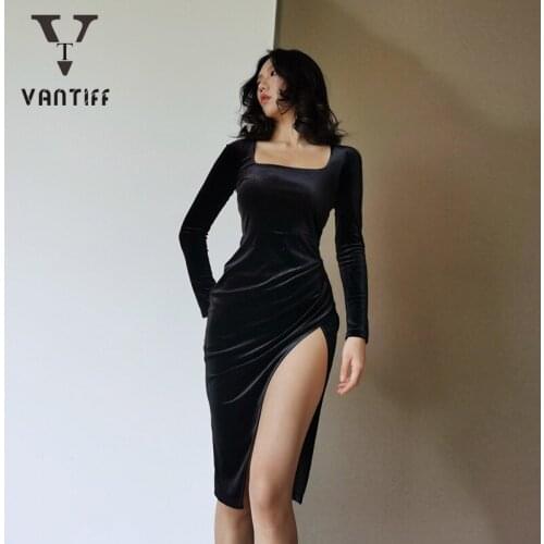 Summer Casual Lace Vintage Dress Vintage Street Fashion Sexy Slim High Waist Square Collar Dress with Diamond Long Slit Dress