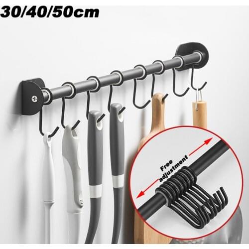 1Pc 30/40/50cm Slidable Stainless Steel Kitchen Row Hook Wall Hanging Spoon Shovel Storage Rack Kitchenware Holder Home Supplies