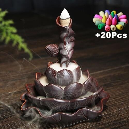 +20Pcs Incense Cones Handmade Retro Lotus Backflow Incense Burner Waterfall Incense Burner Censer Lucky Zen Home Decorations