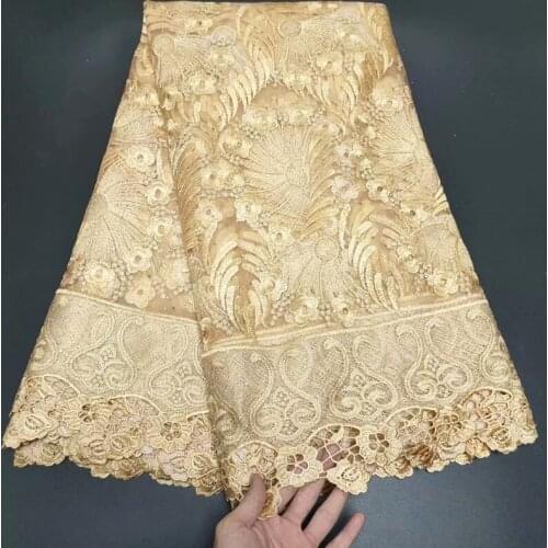 2021 High Quality African Nigerian Tulle Lace Fabric Milk Silk Wedding Party Dress French Embroidered Golden 2.5Yards