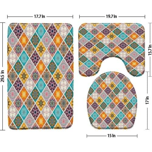 Retro Abstract Geometric Pattern Bath Mat 3-Piece Set Floor Mat Bathroom Rug Carpet Anti Slip Toilet Cover Bathroom Products