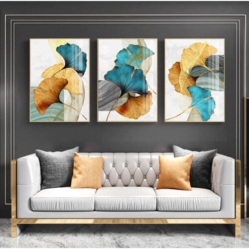 Abstract Wall Art Painting 3 Piece Yellow Blue Plant Leaf Canvas Poster Print Modern Nordic Picture Living Room Home Decoration