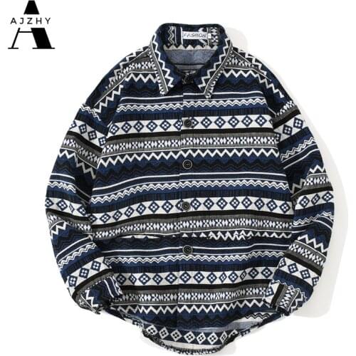 AJZHY Autumn Winter Casual Long Sleeve Shirt for Men Fashion National Style Shirt Loose Printed Oversized Knitted Men Shirt 2020