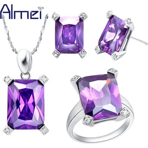 Almei Jewelry Sets Silver Color Zircon Bijoux Turtle Purple Stones Crystal Wedding Accessories Ring Necklace Earring Women T150