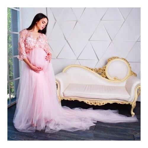 Elegant Pink Lace Maternity Gowns For Photo Shoot Handmade Flowers Soft Tulle V Neck With Train See Thru Pregnancy Dress