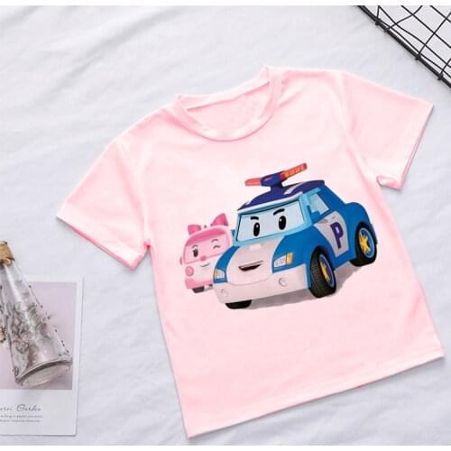 Traffic Policeman Cartoon Tee Boys T Shirt Girls Kids Children Top Clothing Short Sleeves Summer Clothes Print White Pink