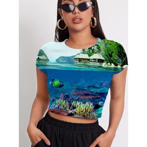 3d Tshirt Fish T shirt Women Animal Tshirt Printed Landscape Shirt Print Ocean Navel Bare Short Sleeve Punk Rock Casual Tops