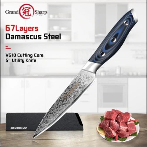 Grandsharp 5 Inch Utility Knife Kitchen Knives Japanese Damascus VG10 Steel Razor Sharp Blade Fruit Cutting Tools G10 Handle