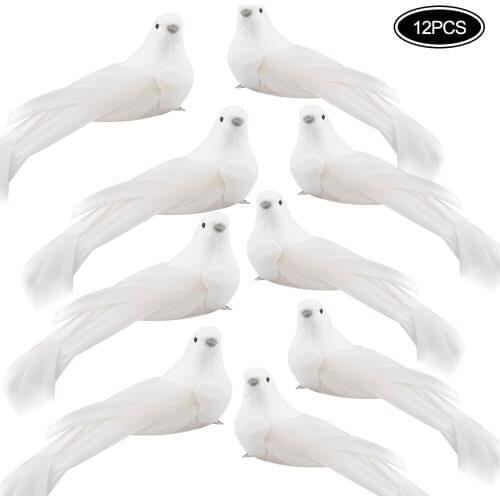 12pcs Artificial Bird White Feather Birds Christmas Wedding Decor Bird Xmas Tree Hanging Craft Ornament Festival Home Decoration