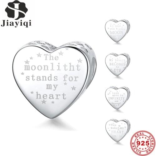 Jiayiqi Romantic Love Words 925 Sterling Silver Smooth Heart Shaped Charms 925 Silver Beads Fit Charm Bracelet DIY Women Jewelry