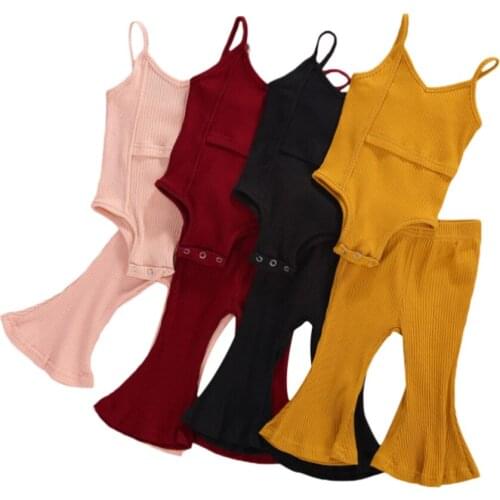 Wholesale Infant Baby Girls Clothes Set Knit Cotton Sleeveless Baby Bodysuit+Flare Pant Toddler Girls Outfits Summer Clothing