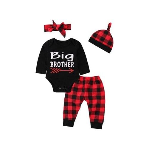 Girl Set 0-24MCartoon letter arrow long sleeve romper red black plaid pants hat set