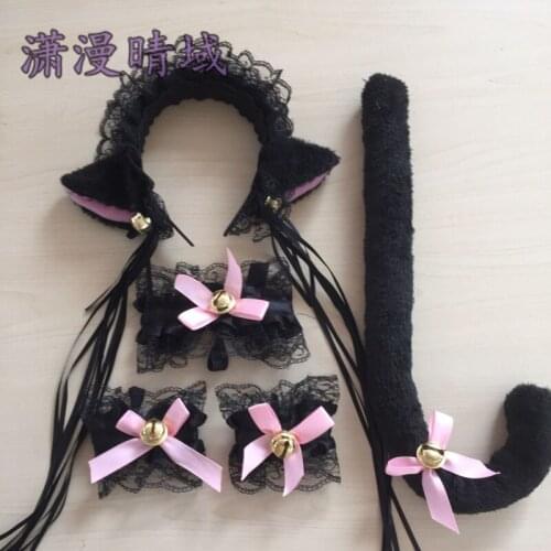 Set of COSplay Lolita lace Headwear Cat ears Cat claw gloves Bell for Hair clip pink/black/white