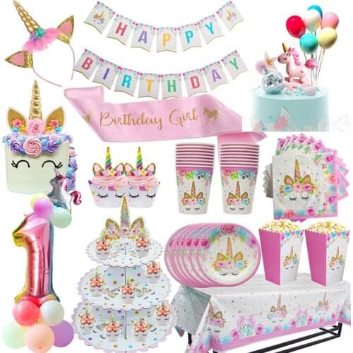 Unicorn Birthday Party Decors Disposable Tableware Kit Unicorn Balloon Cups Plates Napkin Kids Birthday Unicornio Party Supplies