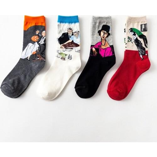 Retro Short Art Pattern Funny Cotton Socks Women Oil Painting Socks Men Unisex Van Gogh Halloween Pear Skate Short Socks Female