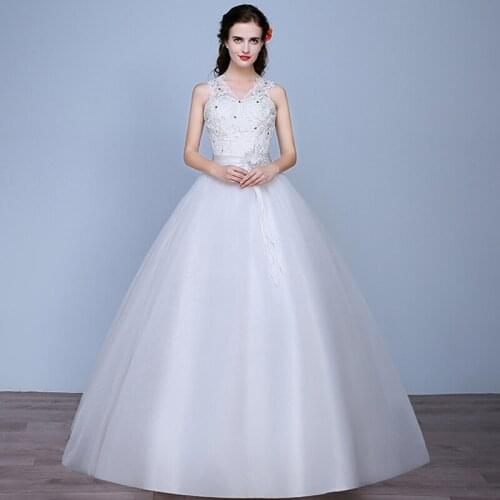 New White V-Neck Wedding Dress Backless Appliques Crystal Floor-Length Sleeveess Lace Up Plus Size Wedding Gowns For Women G113